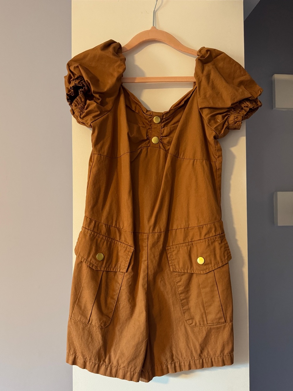 Janie and Jack Girls Puff-Sleeve Romper in Rust Brown